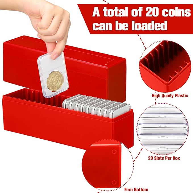 Wenqik 6 Pcs Plastic Coin Storage Box Case with 20 Slab Coin Holders - Collection Box for Collectors, Home, Office, Bank Supplies(Red)