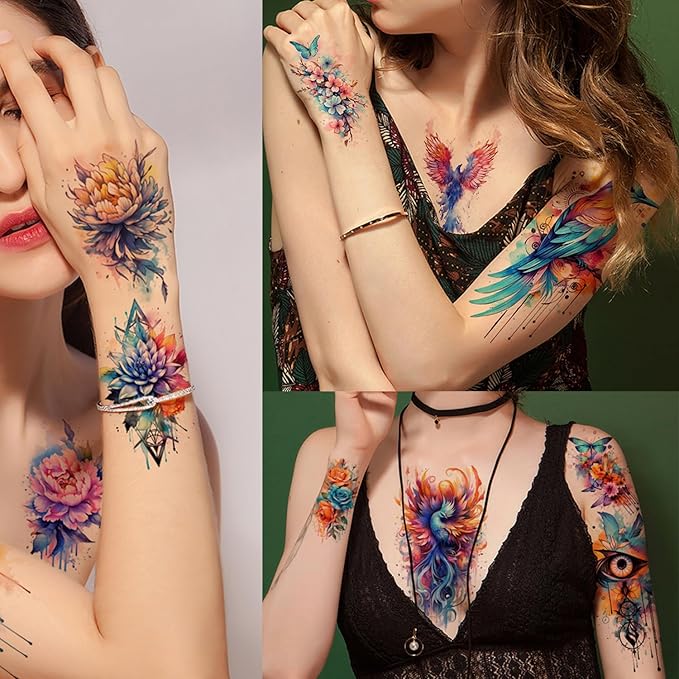 52 Watercolor Temporary Tattoos for Women Adults - Realistic 3D Floral Butterfly Phoenix Mandala Fake Tattoos Set, Waterproof Long Lasting Body Sticker for Parties Weddings (12 Large Tattoos Included)