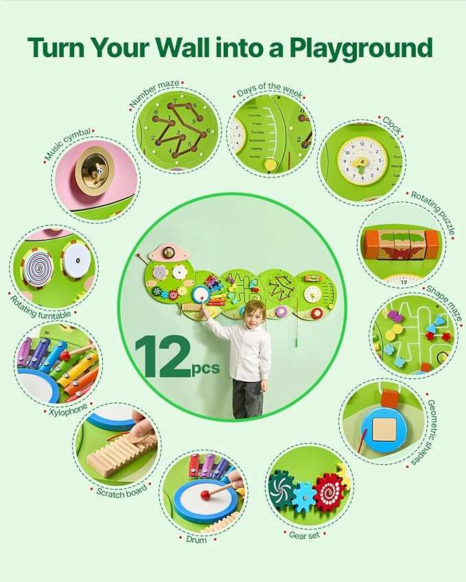 VEVOR Caterpillar Activity Wall Busy Board, 12 Activities Board, Montessori Sensory Panel for Kids 3-12 Years, Sensory Wall Activity Panel, Ideal for Toddler Playroom Nursery Classroom