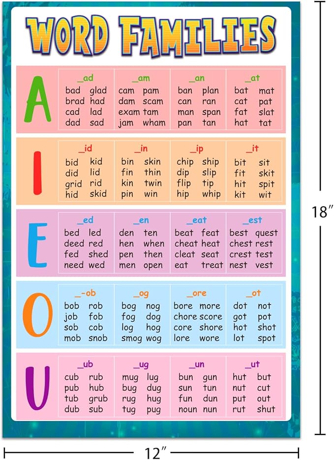 FLYAB Sight Words and Word Families Poster,12"x18" Word Wall Charts Educational Posters,Learning Classroom Poster for Kindergarten Preschool Homeschool Kids Room Decorations