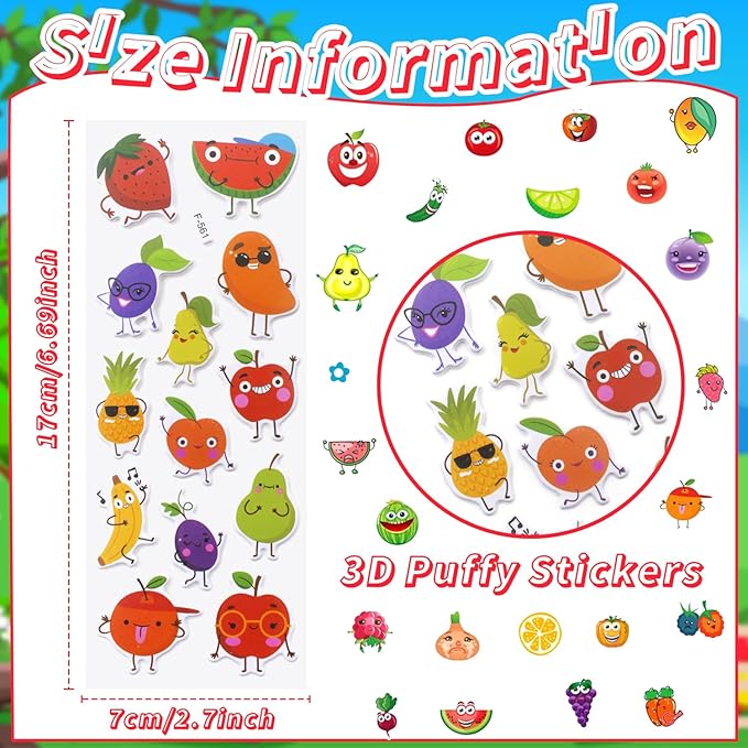 36 Sheets 3D Fruit Stickers for Kids (900+), Bulk Puffy Stickers with Funny Faces for Classroom, Crafts, Party Favors - Apple, Banana, Strawberry
