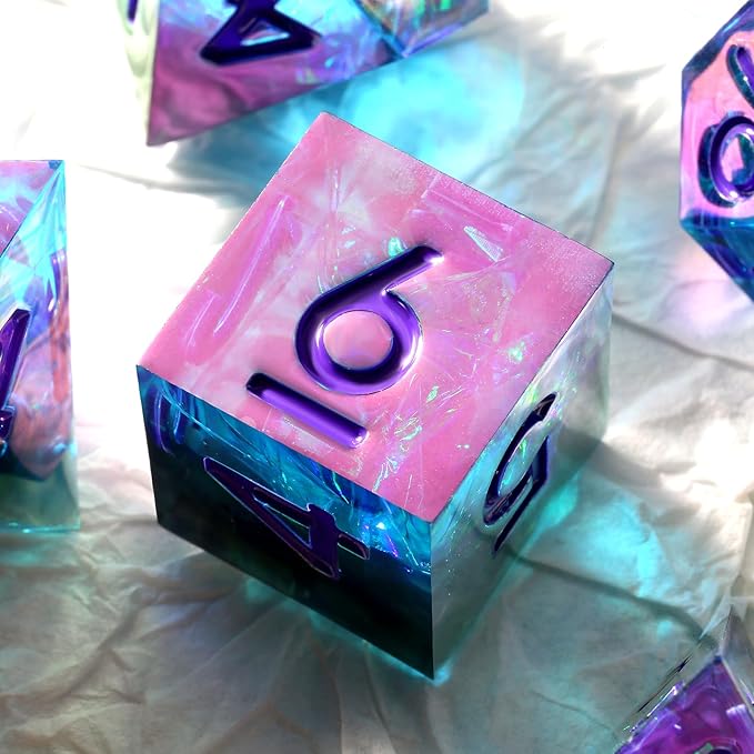 Iridescent Plating DND Dice, DNDND Handmade Resin Sharp Edge D&D Die with Gift Case for Dungeons and Dragon Tabletop Games (Iridescent Plating Green & Blue)