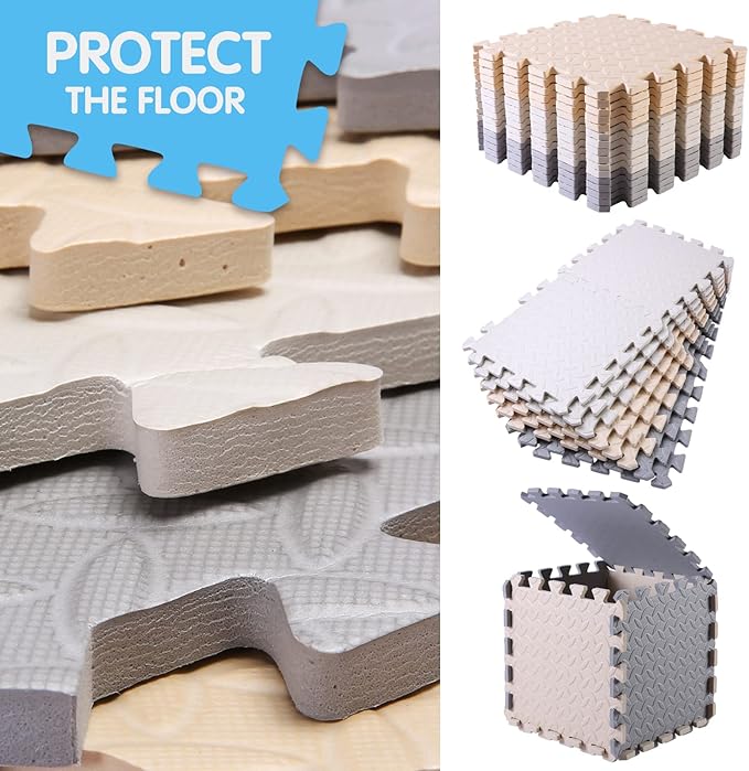 16 Tiles Foam Play Mat for Baby, Soft & Safe EVA Foam Mats for Floor, Square Interlocking Floor Mat, Solid Colored Kids Foam Puzzle Floor Mat, 47x47 Play Mat for Playpen(White/Beige/Gray)