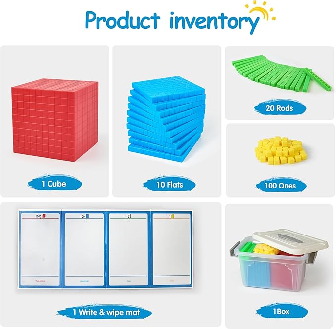 Math Manipulatives for Kids Aged 3+.Base Ten Blocks with Place Value Chart - Plastic Math Cubes to Help Educate Kindergarten Teachers.133 PCS