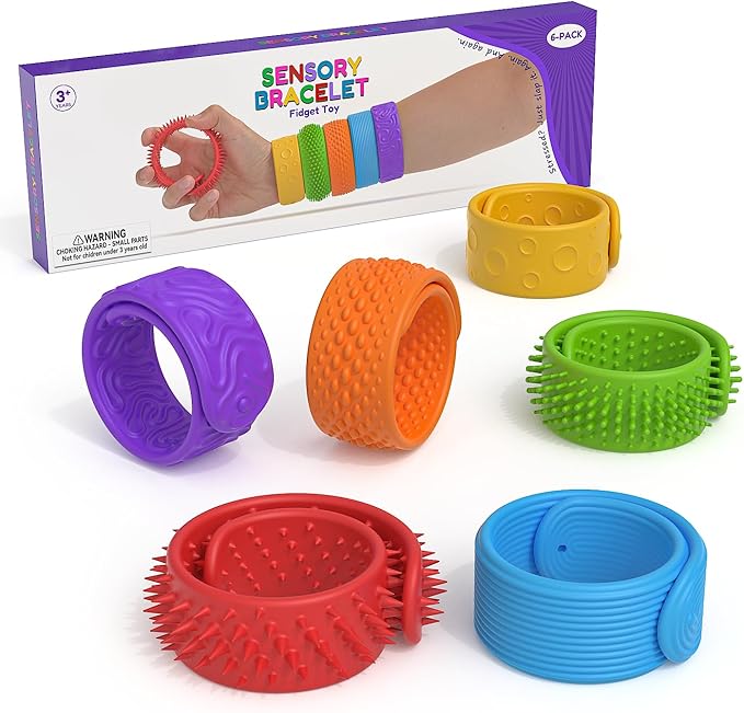 Sensory Fidget Toys Slap Bracelets for Kids, Textured 6 Pack, Stress Fidgets for Anxiety Autism ADHD, Wearable Sensory Toys for Adults Office Desk, Calm Down Travel Airplane Toys