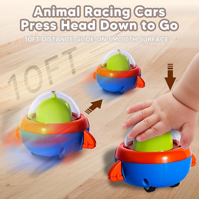 4PCS Animal Press to Go Car Toys for Toddlers 1-3, Push Go Friction Car Toys for 6-18 Months Baby, Animal Space Racing Cars, Infant Play Vehicle Set, Birthday Gifts for 1 Year Old Boy & Girl