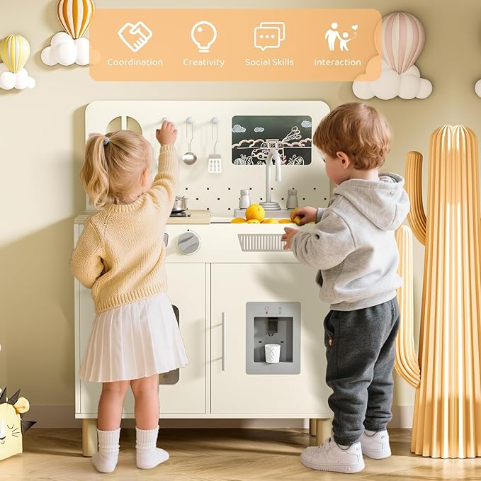 MAMIZO Wooden Kids Play Kitchen Set with Real Lights & Sounds, Interactive Pretend Kitchen with Knob Sounds, Sink, Water Dispenser, 6 Pcs Cookware & Chalkboard Panel for Toddlers and Children (Cream)