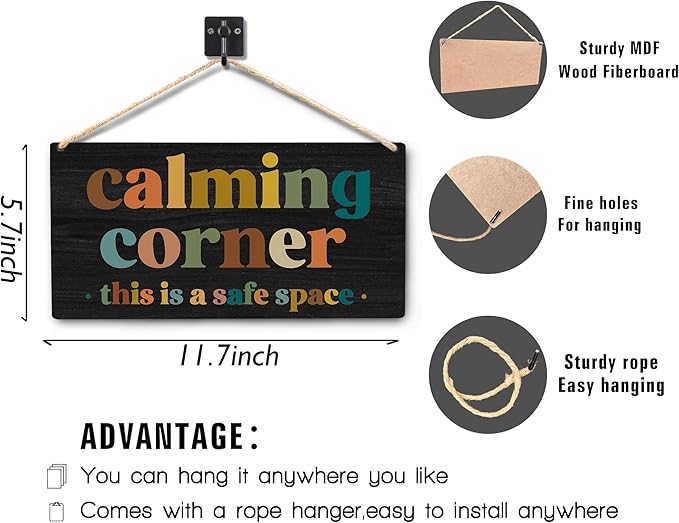 Calming Corner Hanging Wood Sign - Safe Space, Classroom Decor, School Counselor Office, Calm Down Corner Decorations, Boho Style (Black), 12x6