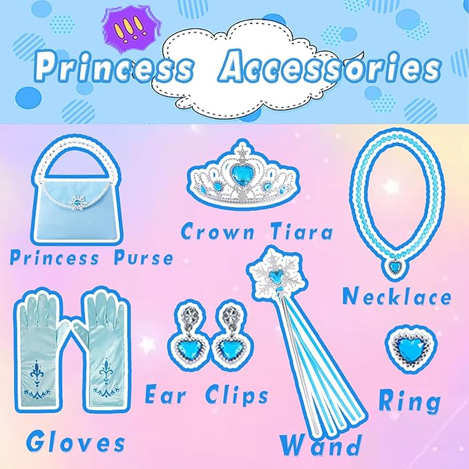 Princess Cape Set for Little Girl, 11PCS Princess Dress Up Clothes Cape Clock with Skirt for Girl 3-8 Birthday Gift