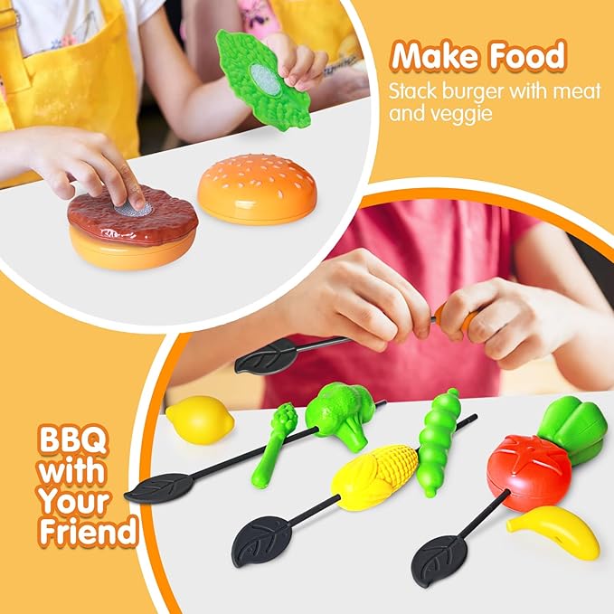 79PCS BBQ Grill Set for Kids - Kitchen Playset With Realistic Spray, Light & Sound - Interactive Toddler Toy for Boys Girls - Christmas Birthday Gift
