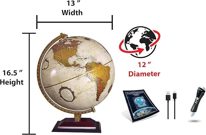 Replogle 12" Diameter Globe, USA Cartography with Raised Mountain Relief and Sturdy Hard Wood Base, Intelliglobe Pen/Book Kit, Bronze, Physical Map, Glass, Wood Base