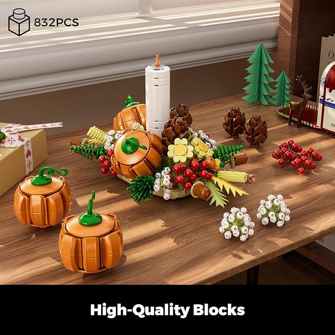 Fall Harvest Building Blocks Set – DIY Autumn Dinner Table Centerpiece Decor with White Candle, Pumpkin, Pinecones, Berries, Wheat, Thanksgiving, Halloween and Christmas Decoration (832 Pieces)