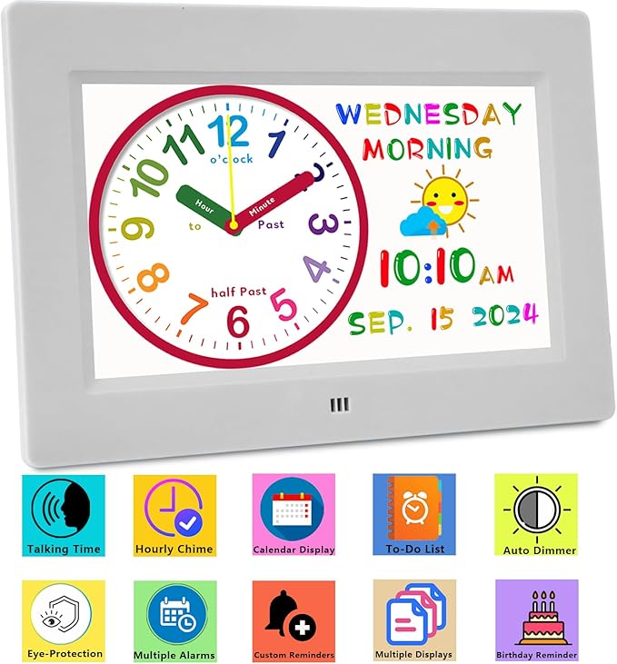 Véfaîî Digital Teaching Clock Talking Time, 24 Alarms Custom Reminders, Checklist to-Do List, Auto DST & Calendar Display, Sleep Trainer, Easy to Use for Kids Birthday Gift- White with Remote