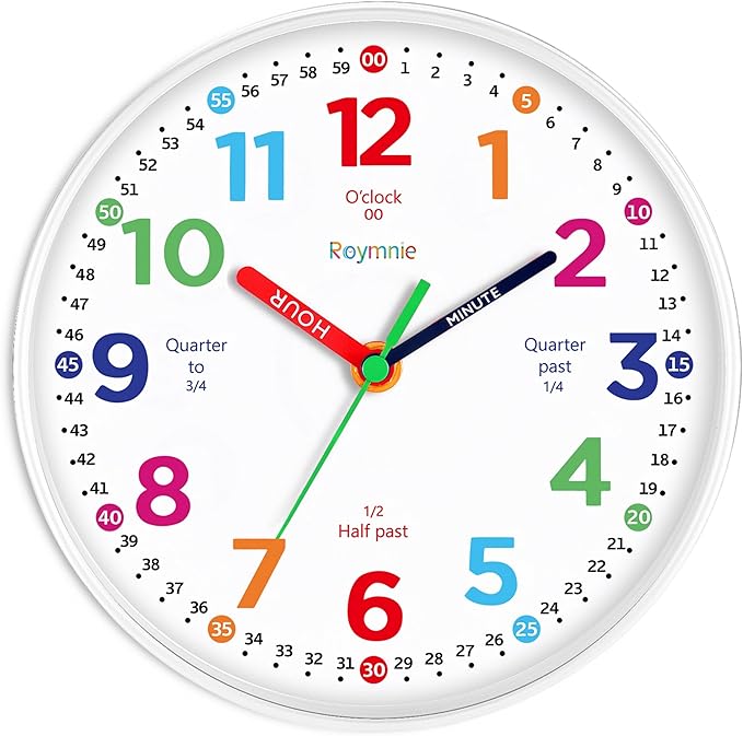 Roymnie14 Inch Wall Clock for Kids Learning to Tell Time Large Analog Silent Battery Operated Teaching Clock Silent Colorful Teaching Time Ideal Gift for Kids Room School(White Grain)