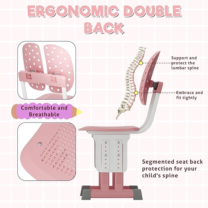 2025 NEW Kid's Study Desk and Chair Set, Ergonomic Height Adjustable Children Study Desk with Tilt Desktop, Book Stand, Light, Metal Hook and Storage Drawer,Gift for Boys Girls (Pink 70cm no lean)
