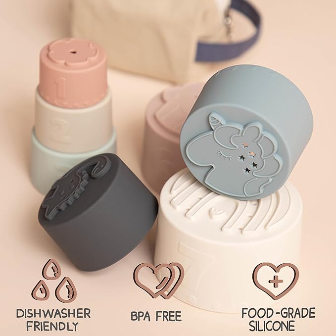 Moonkie Stacking Cups Toy, Fun Educational Baby Toys Silicone Soft Teething Toy, Age 6+ Months, 7 Piece Set