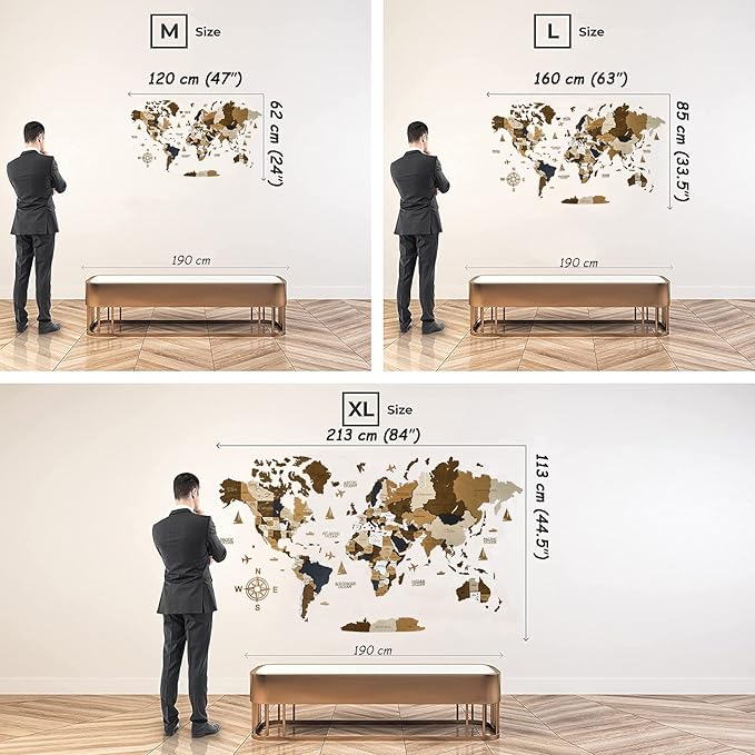 Wooden World Map 3D Art Large Wall Decor - Size (M, L, XL) Any Occasion Gift Idea - Wall Art For Home, Kitchen or Office