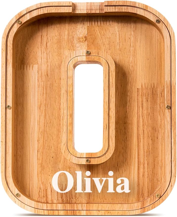 Summidate Customized Name Large Wooden Piggy Bank for Kids Boys Girls Alphabets Letter A-Z Coins Bills Money Change Bank Box Initial on Clear Cover (Laser Engraved) (Alphabet-O, Personalized-9")