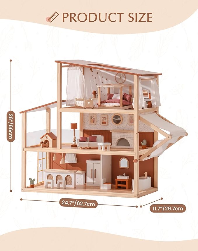 ROBOTIME Wooden Dollhouse, Doll House for Girls – 3-Story Bohemian Style Doll House with 37- Piece Furniture & Awning, Pretend Play Wooden Dollhouse Gift for Kids Ages 3+