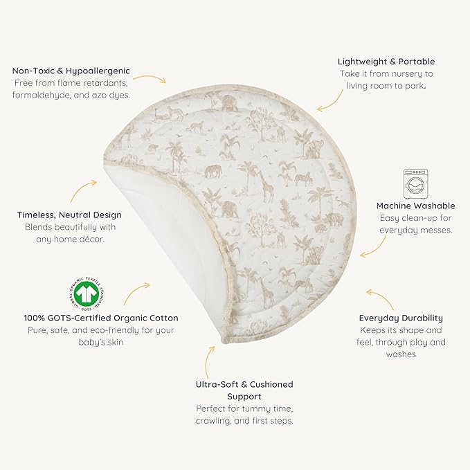 MakeMake Organics Organic Play Mat GOTS Certified Organic Cotton Nursery Floor Rug Washable Reversible Non Toxic Activity Mat Tummy Time Crawling Pad Thick Quilted (Round 48", Safari)