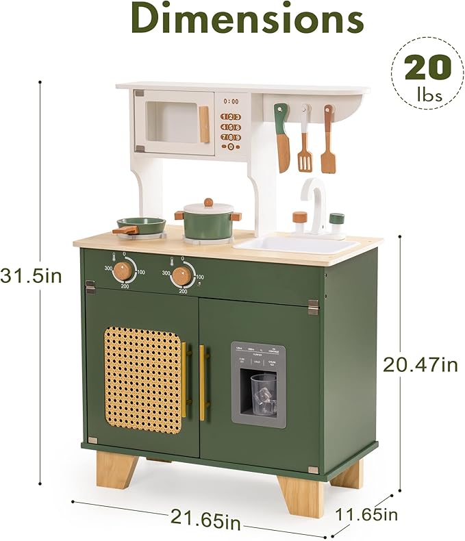 ROBOTIME Play Kitchen with Pretend Ice Cube Dispenser for Toddler, Wooden Kids Kitchen Play Set, Toy Kitchen Set for Kids Age 3 4 5 6 7 (Vintage Green)