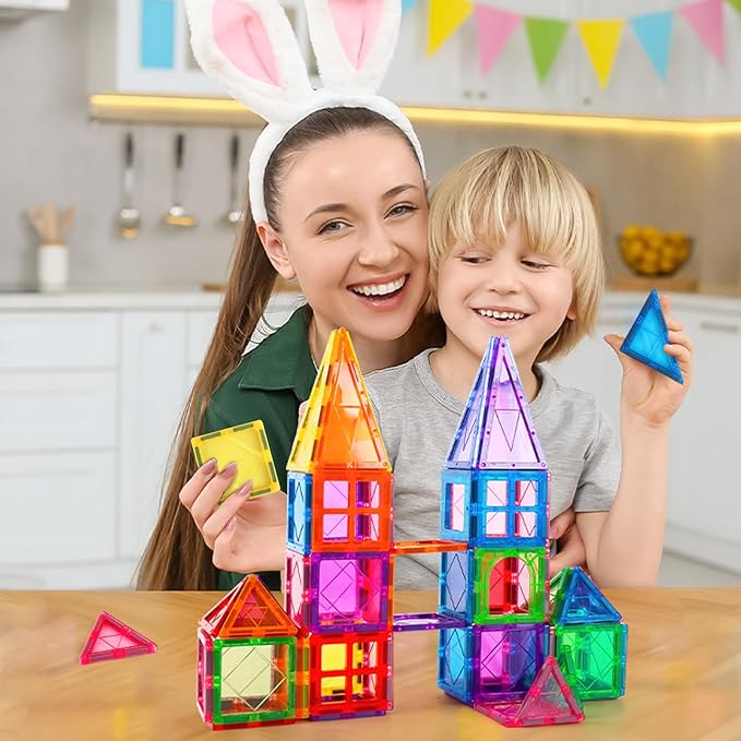 100pcs Magnetic Tiles with 2 Cars Magnetic Building Blocks for Toddlers 3 4 5 6 7 Year Old Boys Girls Educational Magnet Blocks Gift Toys for Kids Ages 4-8 Sensory Toys 1-3 Birthday Christmas