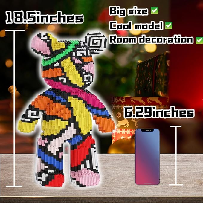 Rainbow Graffiti Bear Micro Building Blocks Set(18.5inches) Animal Winktoys Blocks Bear Building Blocks Gift for Adult and Kid
