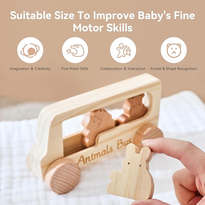 let's make Baby Wooden Toys Push Cars Animal Bus Toys Set Toddlers Developmental Grasping Toys Wooden Toys Gift for Kids Boys Girls Birthday Christmas