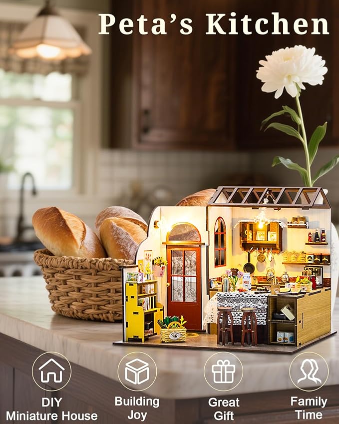 Miniature House Kit – Peta’s Kitchen, DIY Dollhouse with Furniture & LED, Wooden Tiny House Craft Gift for Adults Women Teens