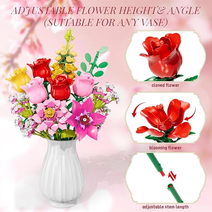 Utbttor Flowers Bouquet Building Set - Roses Flowers Set for Adults, 765 PCS Botanical Collection Building Block Toy, Home Decor Ornaments,Gifts for Anniversaries/Birthday, for Women and Kids 6+