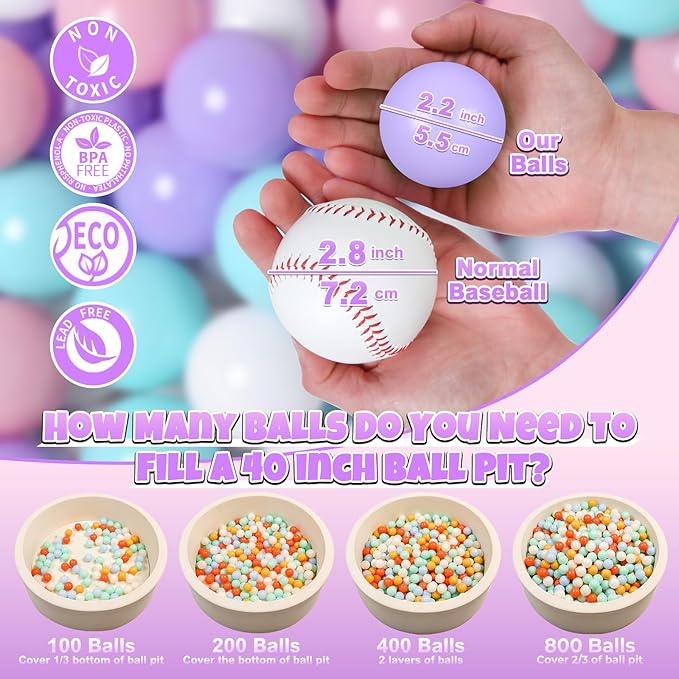 GOGOSO Ball Pit Balls for Toddlers Phthalate-Free BPA-Free Non-Toxic Crush Proof Soft Plastic Play Balls Baby Kids Shape Tent Pool Playhouse Playpen Party Decor,Green Pink Purple White,100PCS