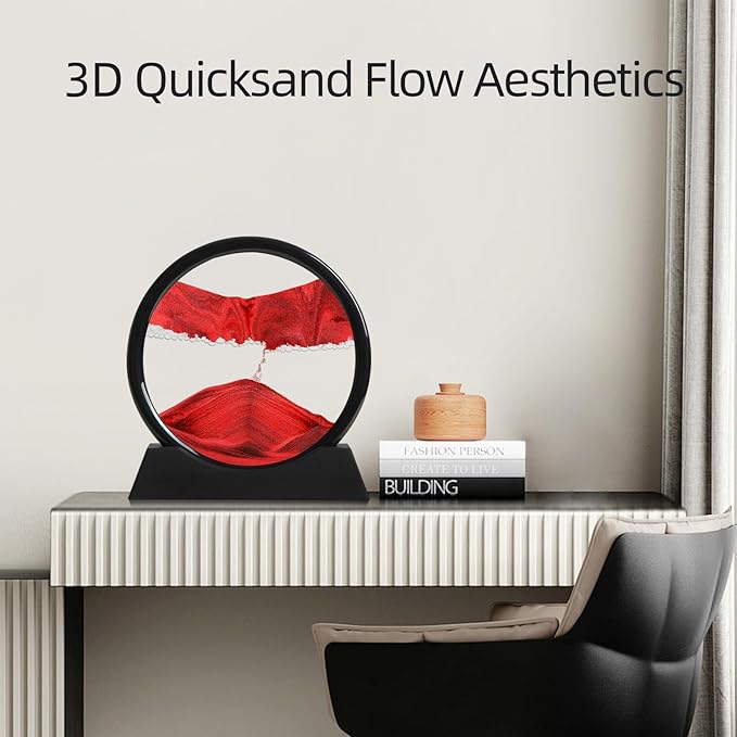 Moving Sand Art Liquid Motion, 3D Deep Sea Sandscape Color Quicksand Decor, Round Glass Moving Sand Art Picture Relaxing Desktop Home Office Work Decor (Red, 7 inch)