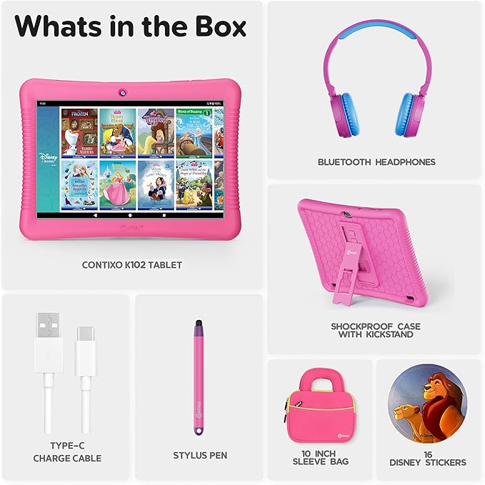 Contixo 10" Android Kids Tablet Bundle - 32GB, 80+ Disney Storybooks ($350 Value), Parental Controls, Kid-Proof Case w/Kickstand & Stylus, Headphones & Sleeve Bag - Pink