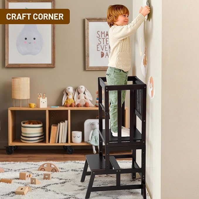 COSYLAND Toddler Standing Tower - Adjustable Height Toddler Kitchen Stool Helper - Kids Kitchen Step Stool for Learning with Removable Safety Railing Black Walnut Color