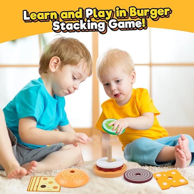 Kizh Wooden Burger Sorting Stacking Toy for Toddlers - Preschool Montessori Educational Fine Motor Toys for Kids Boys Girls