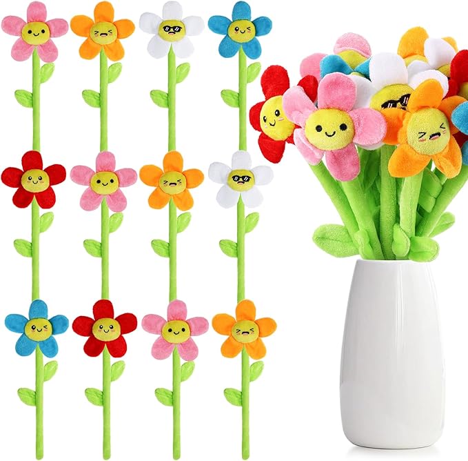18 Pcs Plush Smile Flower Stuffed Bendable Stems Plush Bouquet Toy Soft Floral 12.6 Inch for Graduation 2025 Mother's Day Valentines Day Girl Girlfriend Wife Family and Friends(Cute Style)