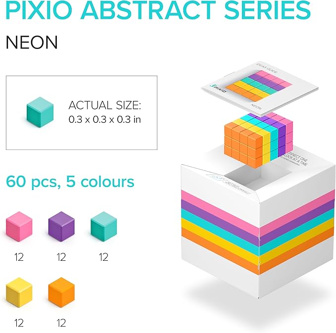PIXIO NEON - Tiny Magnetic Blocks Building Toy in The Pixel Art Style with Free App - 5/16" Plastic Cubes with 6 Magnets Inside - Open Ended Toy - Creativity Kit for Ages 6+ - 60pcs