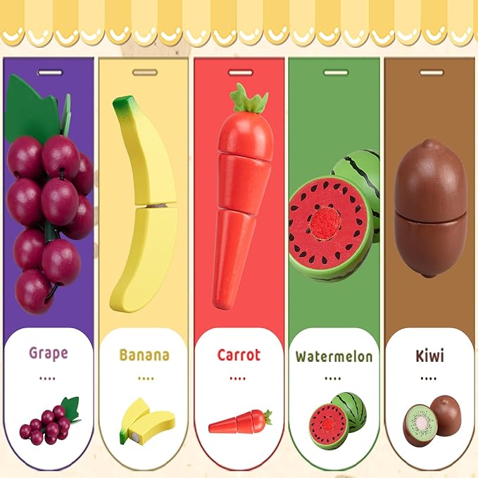 Wooden Play Food Sets for Kitchen Kids Velcro Fruits and Vegetables Cutting Toys for Toddlers Pretend Food Kitchen Accessories Playset Birthday for 3 4 5 6 Years Old Boys Girls