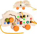 2-in-1 Busy Board & Pull Toys for Toddlers 1-3: Dinosaur Busy Board with Led Light, Educational Learning Toys Wooden Multi-Sensory Board with 4 Movable Wheels, Montessori Toys for 1 2 3 Year Old