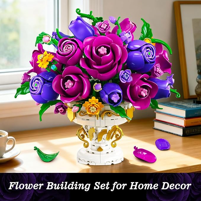 Purple Rose Flower Building Set with Vase, 969 PCS Botanicals Flowers Bouquet Building Block Kit, 18 Rose Bonsai Plant Collection Home Decor, Birthday Gift for Adults Women Boys Girls 12+