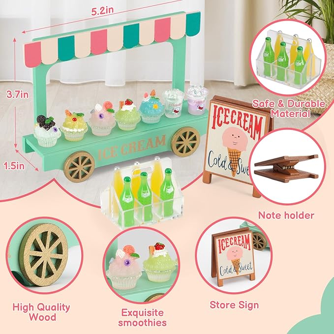 Mini Ice Cream Truck Toy Set with 7 Smoothies & 6 Drink Bottles - Display Case & Wooden Sign for Dollhouse Kitchen, Role Play & Pretend Food