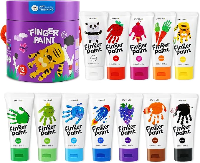 Jar Melo Washable Finger Paints for Toddlers, 12 Colors Large Capacity (2.1fl oz), Non Toxic Baby Paint for Hand and Feet, Safe Art Supplies, Preschool Learning Gifts for Kids Age 2+