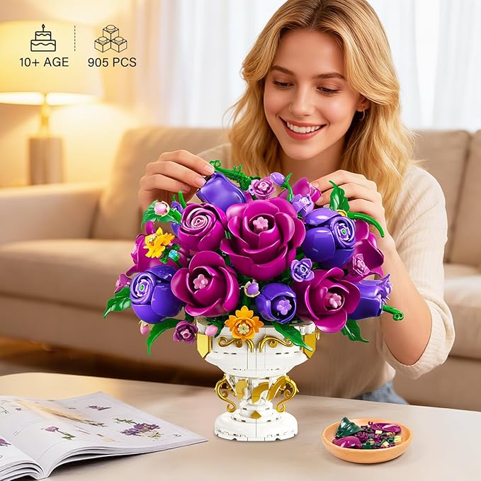 Purple Rose Flower Building Set with Vase, 969 PCS Botanicals Flowers Bouquet Building Block Kit, 18 Rose Bonsai Plant Collection Home Decor, Birthday Gift for Adults Women Boys Girls 12+