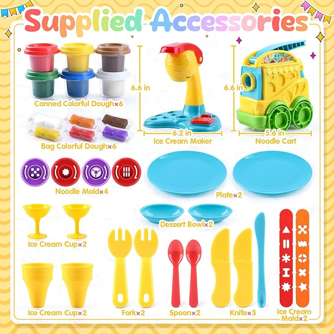 PLAY 2 in 1 Color Dough Kitchen Creations Set, Ice Cream Noodle Maker Color Dough Sets for Kids Ages 4-8, Kitchen Food Toys for Boys Girls Kids Toddlers Ages 3+, with 18 oz Multicolor Clay