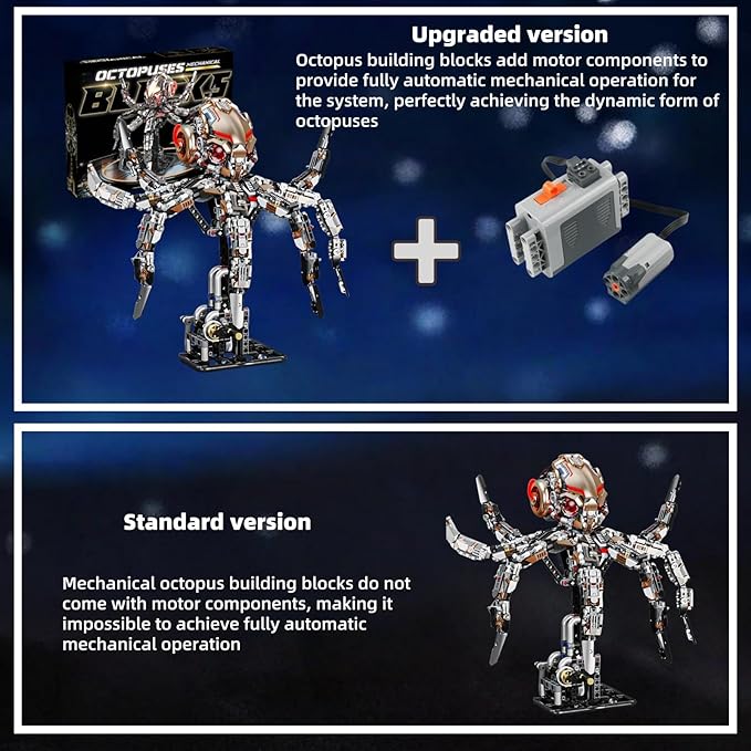 Mechanical Octopus Building Set for Adults with Motor Set - 1900 Pcs,Sea Animal Model Toy Compatible with Lego Octopus,Static and Dynamic Octopuses That Can Be Manually and Automatically Controlled