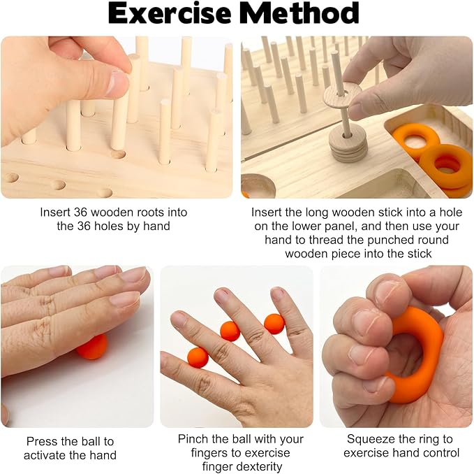 Wooden Pegboard Hand Therapy Tool, 36-Hole Finger Exercise Board with Pegs for Adults, Occupational Therapy & Rehabilitation to Improve Fine Motor Skills