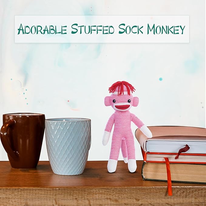 Adorable Sock Monkey 8 inch, The Original Traditional Hand Knitted Stuffed Animal Toy Gift-for Kids, Babies, Teens, Girls and Boys Baby Doll Present Puppet (Pink 8inch)
