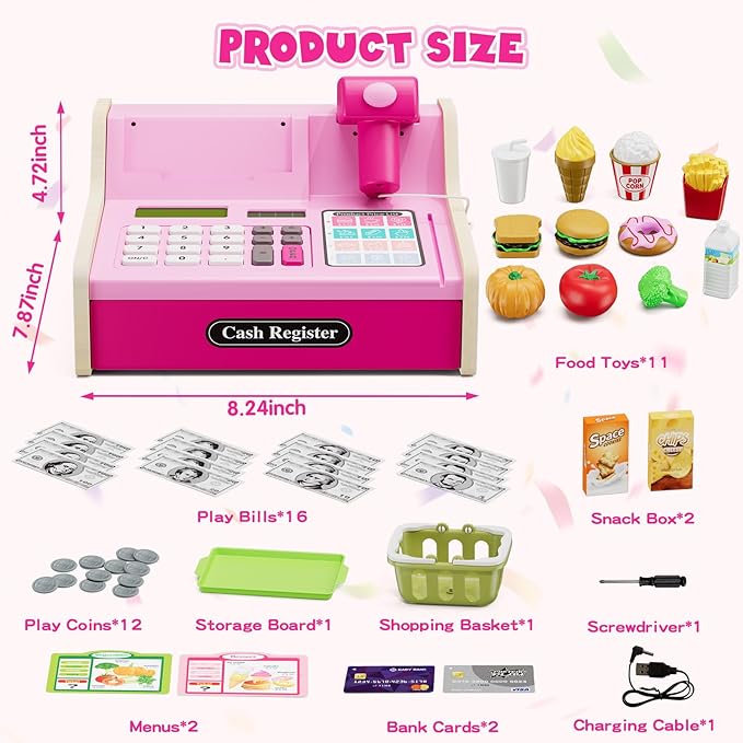 Wooden Cash Register for Kids with Real Calculator, Rechargeable Cash Register Toy with Scanner/Play Money/Food/Credit Card/Menu, Pretend Play Toys Gifts for Boys Girls Ages 3-8,Color