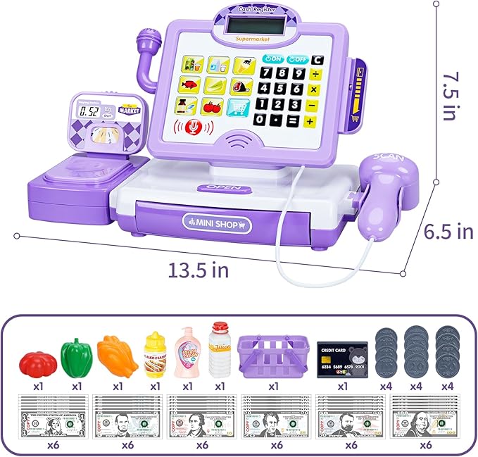 FS Pretend Play Cash Register Toy Preschool Gift for Kids, Classic Count Toy with Sound, Microphone, Scanner, Credit Card, Play Food for Boys & Girls, 57 Pieces Play Set, Ages 3 4 5 6 7, Purple