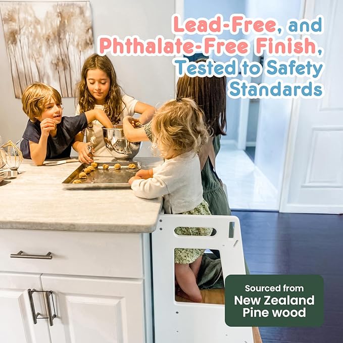 Toddler Kitchen Stools Helper with Adjustable Height and Anti-Slip Protection, Kids Standing Tower with Safety Rail, Kids Montessori Stool with Learning Chalkboard, Natural